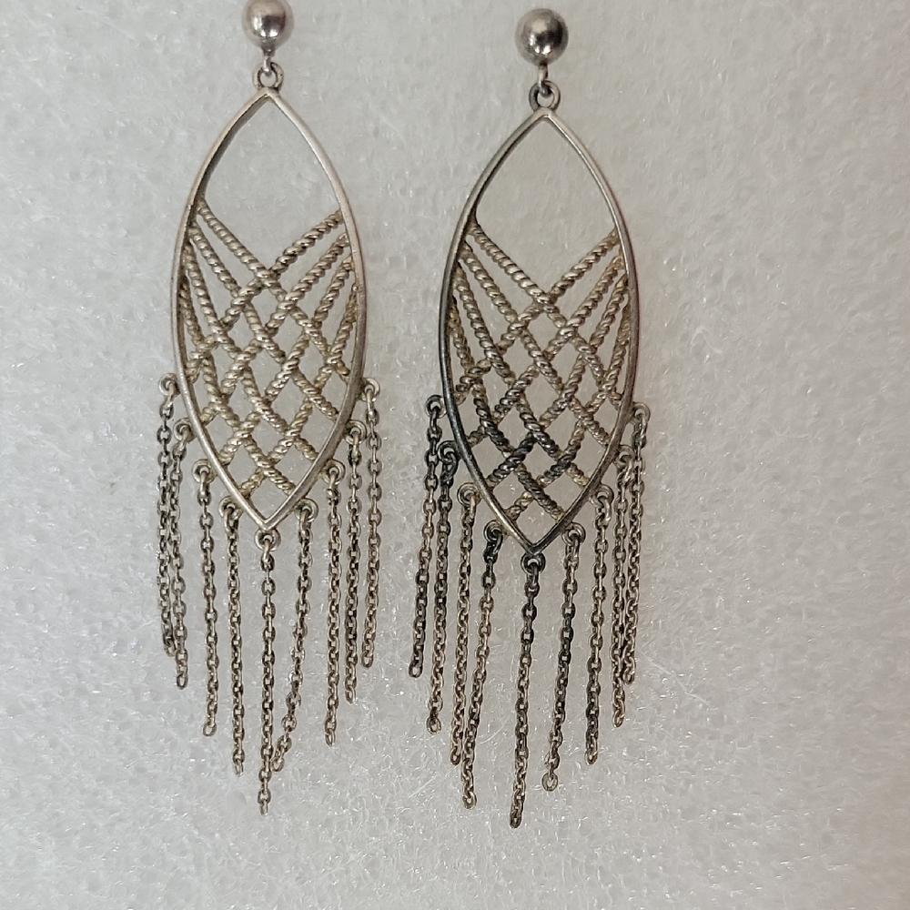 Silver Drop Dangle Weaved Grid Earrings